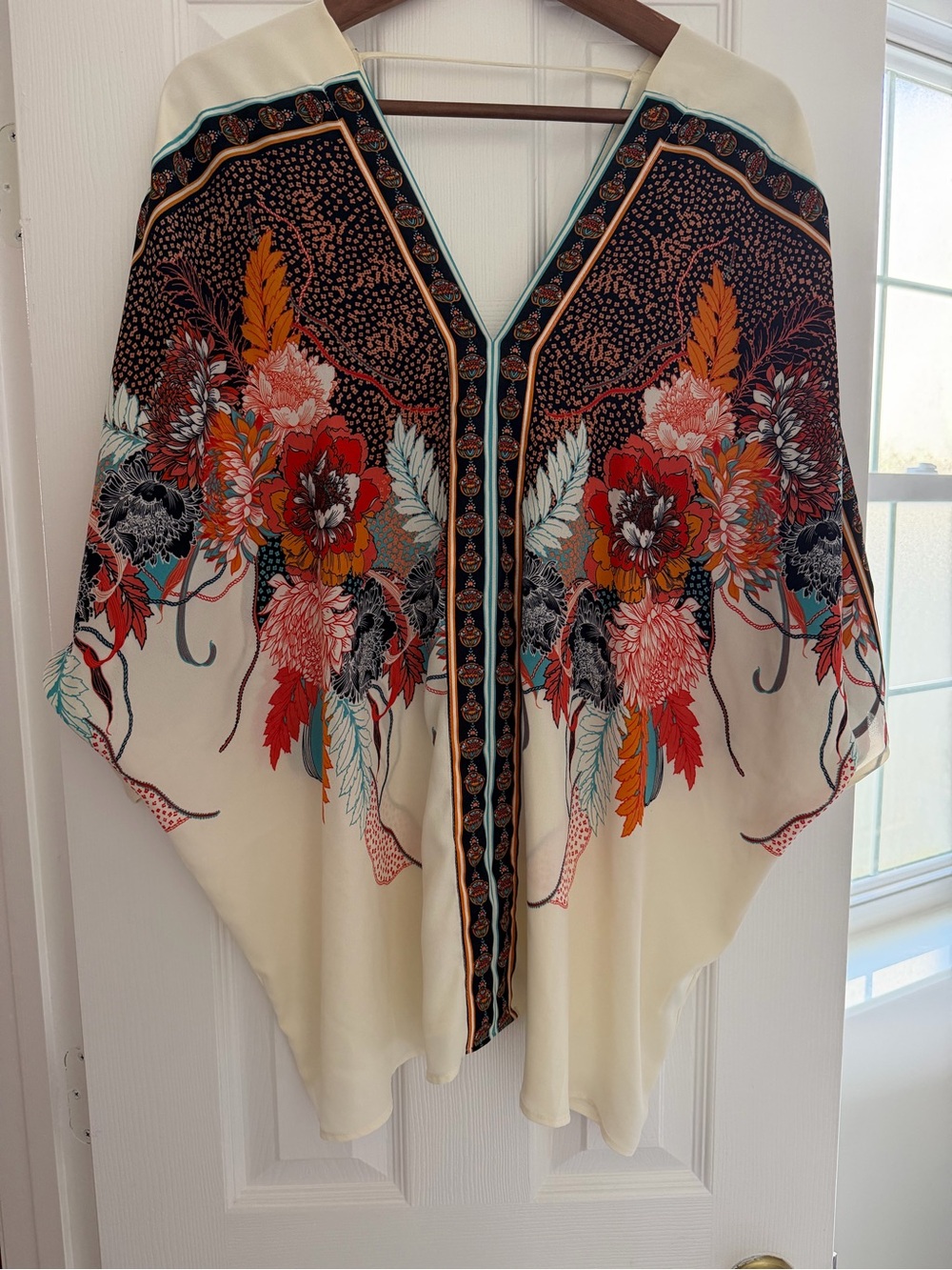 Rose & Olive Navy Floral Print Blouse with Coral Accents